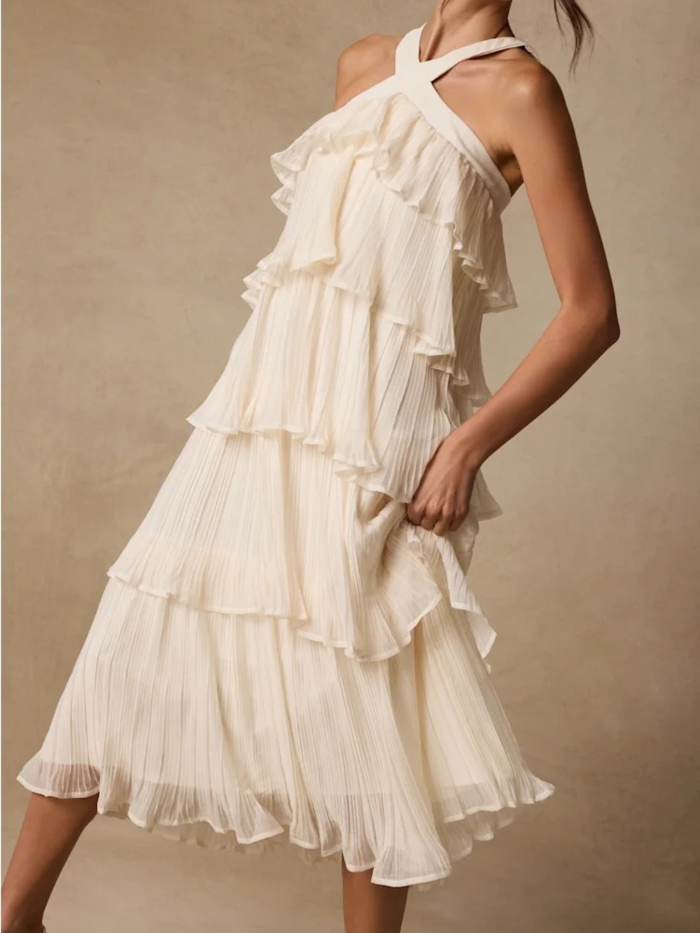 Lauretta Ivory Plisse Tiered Midi Dress - Picture 2 of 5